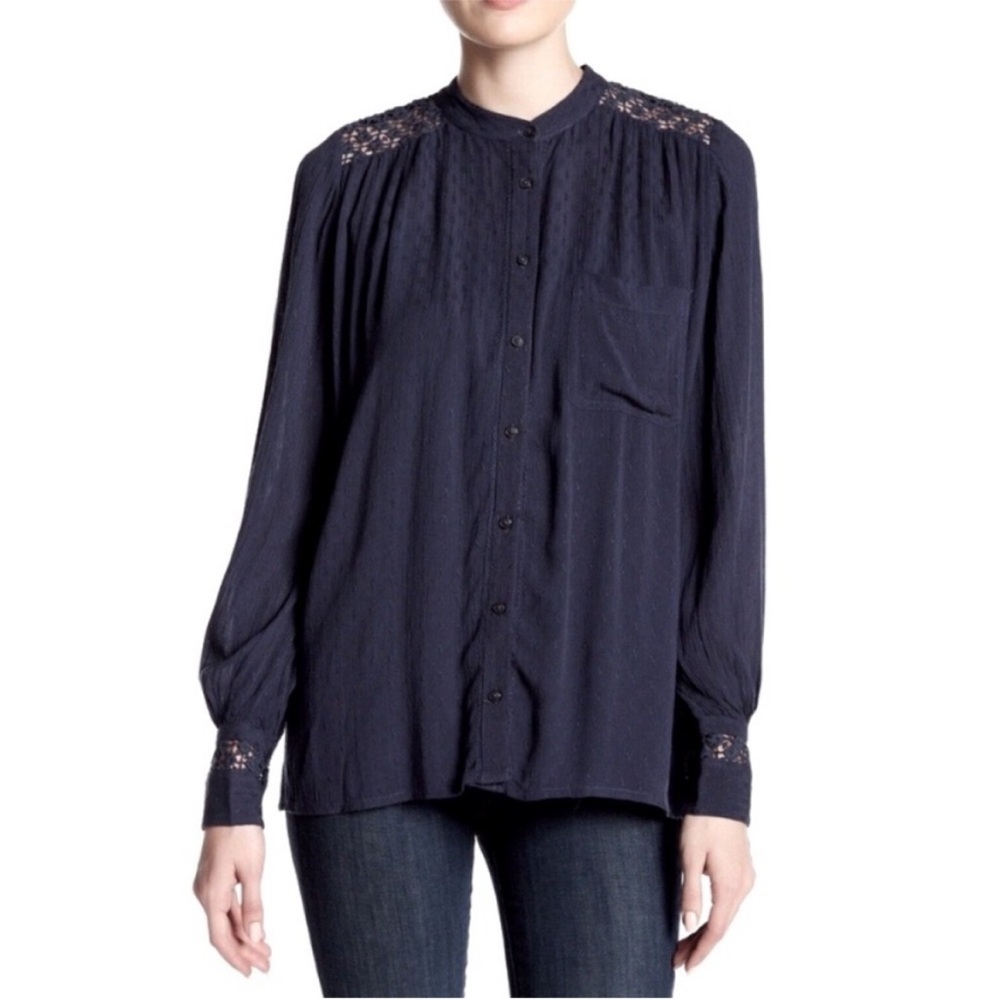 Free People The Best Blouse Oversized Crinkle Crochet Lace Top Navy - XSmall